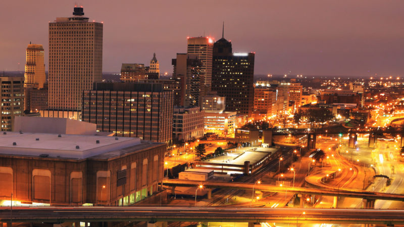 Gorgeous nighttime city skyline near our Memphis, Tennessee hotel
